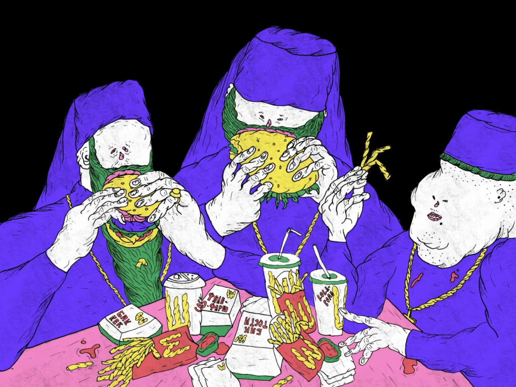 Иллюстрация совместных приемов пищи в религиозной секте