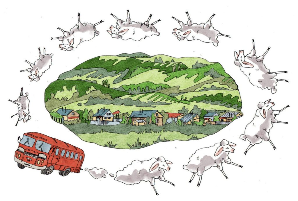 иллюстрация деревни, овец, которые пасутся, автобуса и мечты увидеть поезд