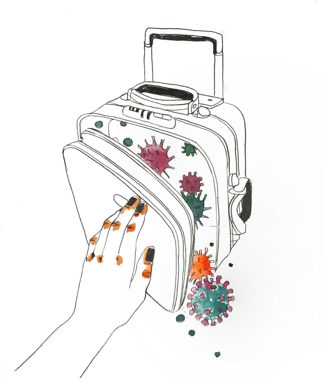 Иллюстрация чемодана с коронавирусом