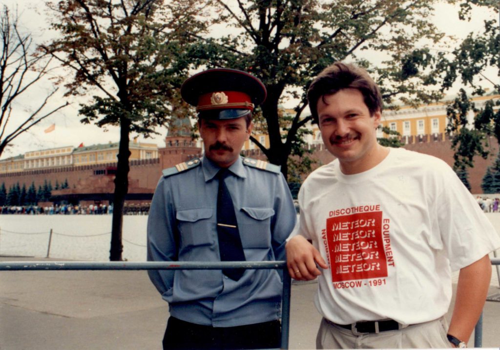 Vladimir Solovyov wearing a Meteor-branded T-shirt at the Red Square, early 1990s