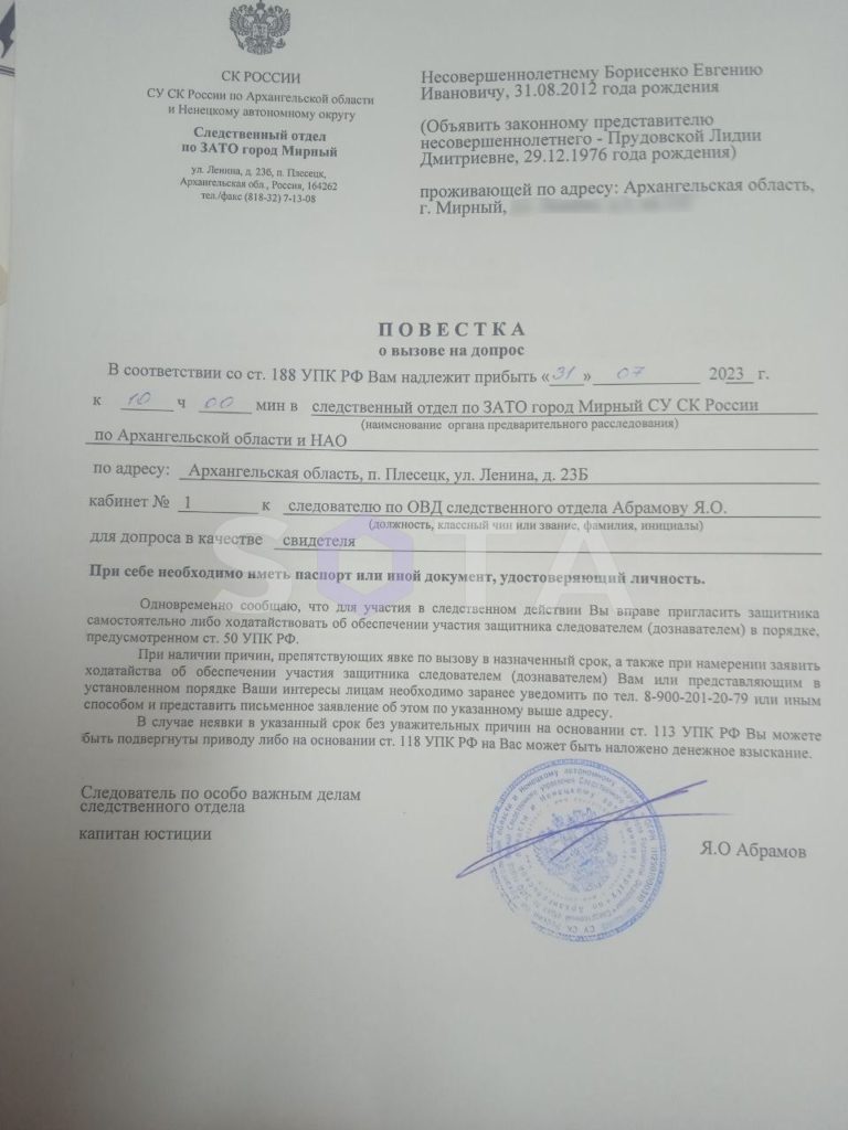 СК в Архангельской области вызвал двух малолетних детей на допрос по делу о «дискредитации» в отношении их матери — Sota