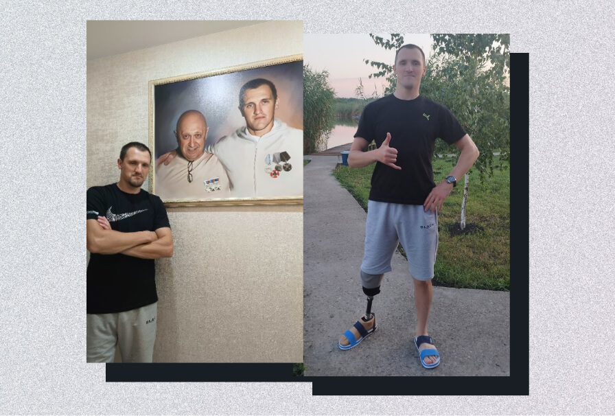 Станислав Богданов рядом с картиной из их квартиры, где он и Пригожин. Справа: он же на улице