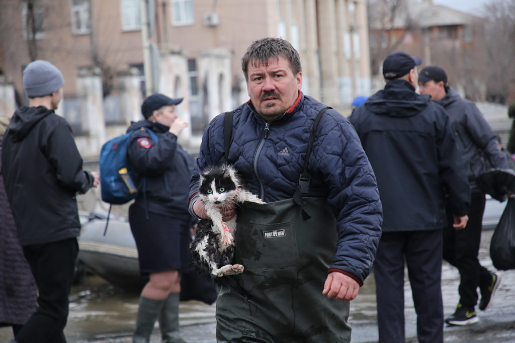 7 апреля, площадь Гагарина. Эвакуированный из старого города мужчина с раненым котом