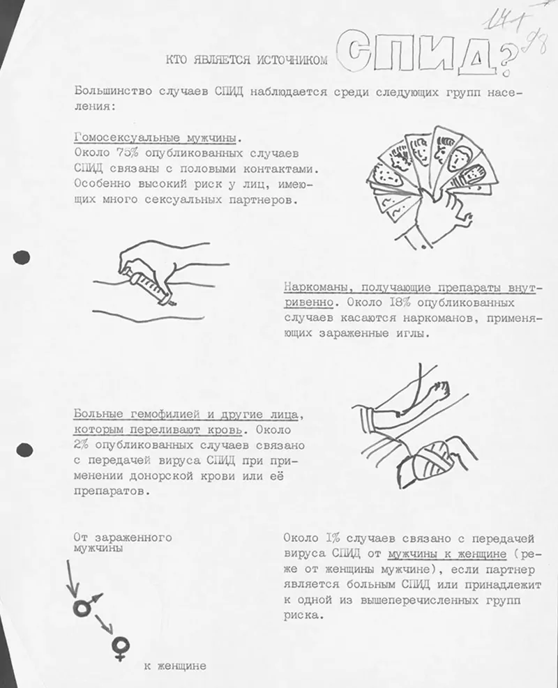 Фрагмент брошюры-памятки про СПИД, отправленной на утверждение П. Бургасову, главному санитарному врачу в СССР, в 1986 году